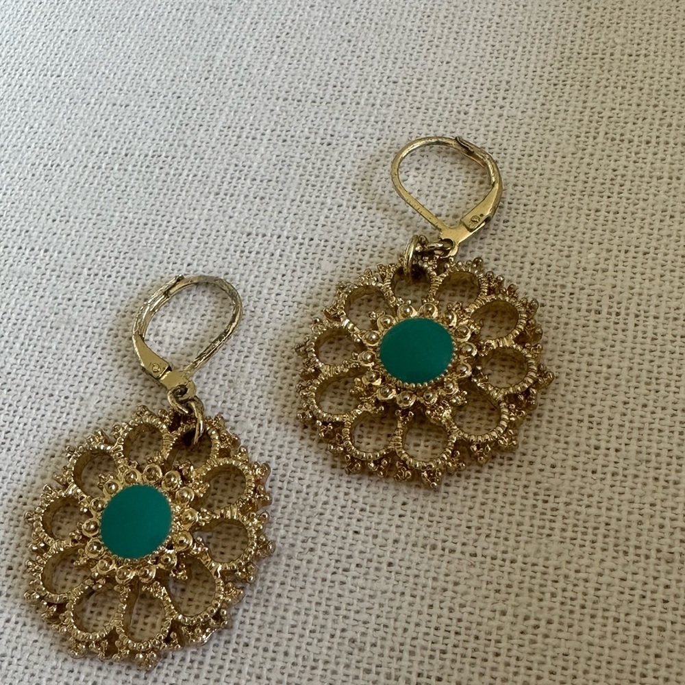 Gold Hanging Earrings With Turquoise Stone